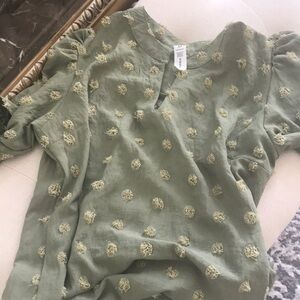 Light Olive Green Embroidered Dot Linen Top